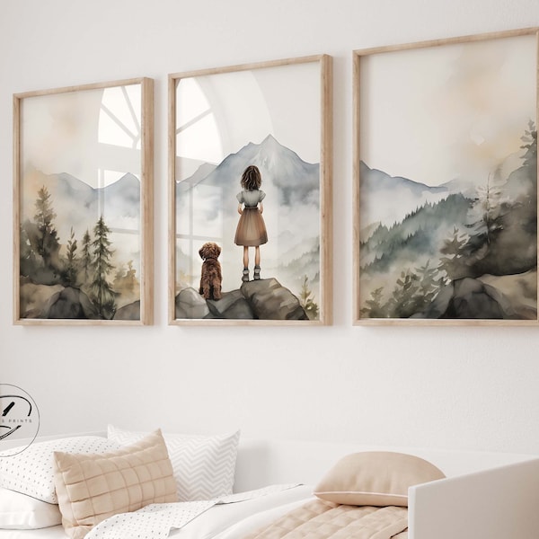Toddler girl art, Hiking nursery art, Mountain nursery art, Girls bedroom decor, Adventure theme, little girl and her dog, nursery decor