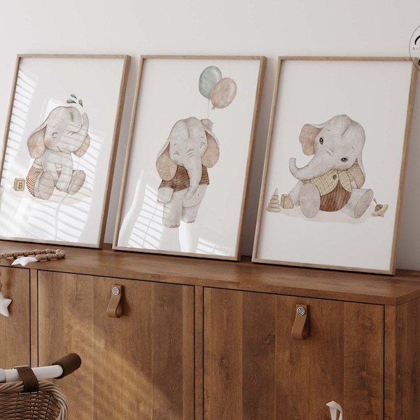 Set of 3 Elephant Nursery wall art prints, Safari nursery decor, baby boy nursery, Baby Elephant, Soft Neutral nursery decor, Printable art