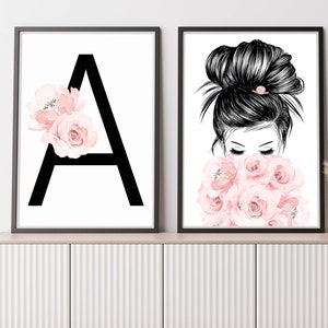 Set of 2 designer girl teen wall art.  Woman sketch looking at roses and personalised initial print with matching roses.  Girls bedroom art