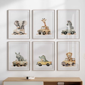 6er Set Safari-Tier-Kinderzimmer-Wandkunst, Dschungel-Tiere, Kinderzimmer-Dekor, Kleinkind-Dekor für Jungen, Safari-Kinderzimmer-Dekor, Transport-Kinderzimmer