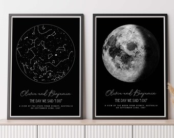 Custom Star map, Personalised Star Chart & Moon phase print, Night sky print, Anniversary gift, The day you were born, Christmas gift