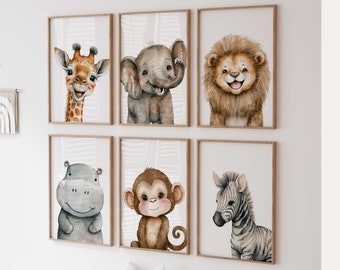 Playful Safari Animal Nursery wall art prints, Set of 6 Gallery wall, Jungle nursery decor, Nursery artwork, Baby animal prints, Neutral art