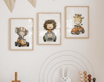 Safari Animal Racing Cars Nursery Prints, Boys Room Decor (Digital Download)