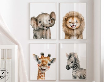 May include: Set of four framed animal prints featuring a giraffe, zebra, elephant, and lion. Each print has a white background and features a watercolour illustration of the animal.
