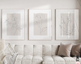 Botanical Line Art Prints, Neutral Beige, Set of 3 (Digital Download)