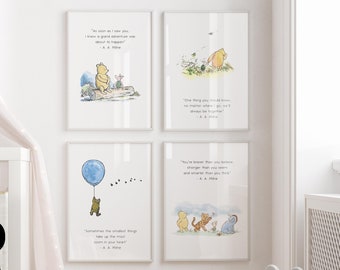 Classic Winnie the Pooh set of 4 quotes. Gender Neutral Nursery prints, Winnie-the-Pooh and friends inspirational quotes, new baby gift