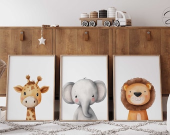 Watercolor Safari Animal Prints, Nursery Wall Art, Set of 3