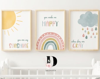 Boho nursery prints, rainbow nursery, Gender Neutral, You are my sunshine, Set of 3, Printable Nursery art, Nursery wall art, Sunshine print