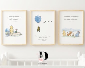 Classic Winnie-the-Pooh set of 3 prints. Gender Neutral Nursery, Winnie-the-Pooh inspirational quotes, new baby gift, boy nursery decor