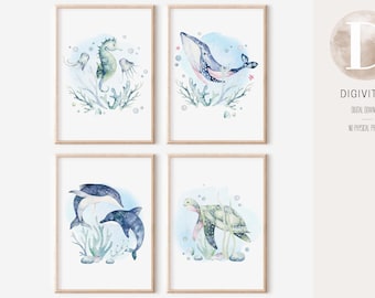 Watercolor Sea Creatures Nursery Prints, Nautical Kids Room (Digital Download)