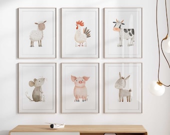 Farm Animal Nursery Prints, Set of 6, Minimalist Decor (Digital Download)
