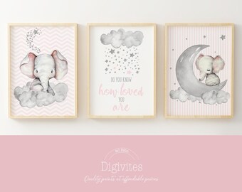 Set of 3 Elephant nursery art, Nursery wall art, Safari nursery decor, Safari nursery print, Elephant Gifts, Boho print, Moon art print