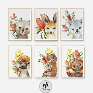 Unisex nursery decor.  Australian Animal Wall art. Set of Six Nursery Wall prints. Koala, Kangaroo, Wombat, Emu, Platypus, Echidna prints