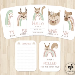 Cartes jalons bébé fille | Cartes photo | Jalons | Cartes d'étape | Animaux des bois | Arc-en-ciel | Scandinavie | 40 cartes |  Papier cartonné