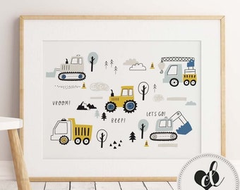 Baby, Boy nursery, bedroom decor.  Construction Vehicle print. Construction Wall art, Boys bedroom wall decor, Crane, Tractor print, Truck