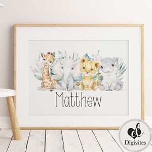 Baby, Boy nursery decor. Safari Animals, Jungle Animals Nursery wall art. Little Boys bedroom print, Watercolour Safari Name Art print