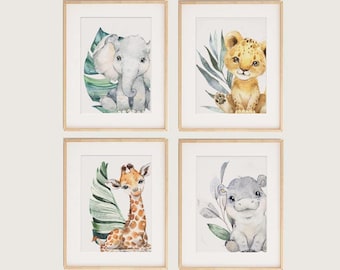 Printable Watercolour Safari animal nursery wall art prints, Boy and Girl Wall art, Gender Neutral Nursery, Digital Safari Jungle animals