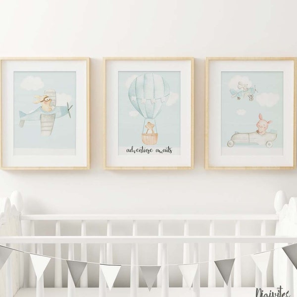 Baby, Boy, nursery bedroom decor.  Watercolour Woodland animals, Aeroplane, Car, Hot Air Balloon, Adventure awaits. Boy Nursery decor prints