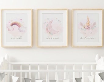 Baby Girl nursery bedroom decor, Set of 3 Nursery wall art,  Watercolour Unicorn Prints, Rainbow Wish, Crescent Moon dream, Floral Nursery