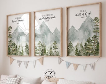 Set of 3 Christian nursery decor, baby bible verse wall art, watercolour prints, Scripture Print, Nature wall art, woodland nursery decor