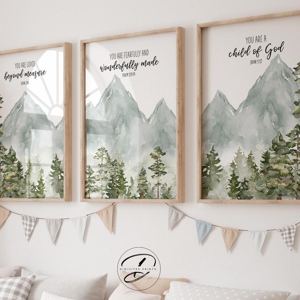 Set van 3 christelijke kinderkamer decor, baby bijbel vers kunst aan de muur, aquarel prints, schrift print, natuur kunst aan de muur, bos kinderkamer decor