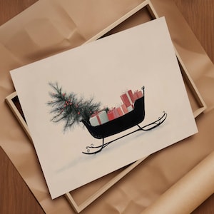 DIGITAL Christmas Sleigh print, Vintage Christmas wall art, Holiday decor, Winter wall art, Horizontal Festive wall art, Printable wall art