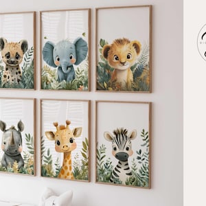 Printed Safari Nursery Wall art prints, Safari Baby animal prints, Nursery artwork, Kids room Wall art, Set of 6 Jungle Nursery wall decor