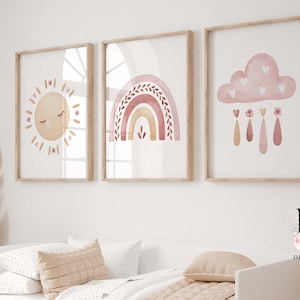 Juego de 3 impresiones de arcoíris boho para guardería, arte de pared para guardería de niña, decoración de guardería, impresiones de pared de afirmación, impresión de sol arcoíris, decoración de guardería bohemia
