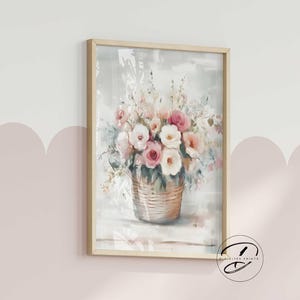 バスケットに入ったパステルカラーの花束、花柄の保育園の壁アート、ベビールームの装飾、デジタルプリント、女の子の保育園、花柄のベビープリント、印刷可能なアート