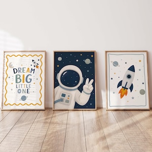 Set di 3 stampe spaziali, stampe artistiche da parete a tema spazio, poster di astronauti, download digitale, decorazioni per la camera dei ragazzi, razzo spaziale, sogna in grande