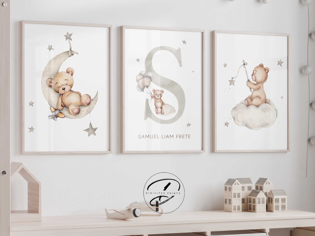 Set of 3 Personalised Teddy Bear Nursery Wall Art Prints, Neutral ...