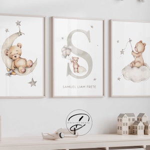 Set of 3 Personalised Teddy bear Nursery wall art prints, Neutral Nursery, kids bedroom decor, Woodland Nursery, Name art print, Moon clouds