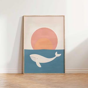Serene Wal und Sonnenuntergang Wandkunst, Minimalistische Ozean Kinderzimmer Wandkunst, DIGITAL Whale Poster, Kinderzimmer Poster für Beachy Dekor