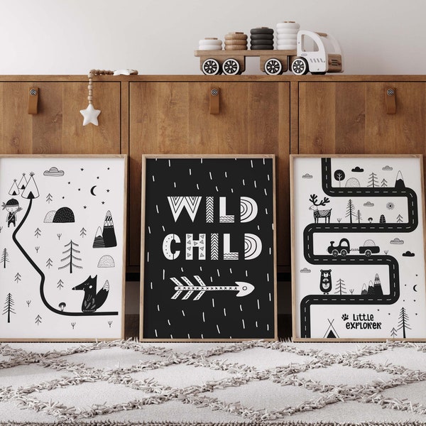 Set of 3 Wild child Scandi Nursery wall art, kids room decor, Playroom decor, Black and white nursery, Woodland nursery, boy nursery decor