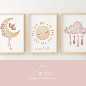Cloud Moon and sun set of 3 nursery prints, Nursery decor, Boho Nursery prints, Girls bedroom decor, Butterfly, crescent moon, Shine bright