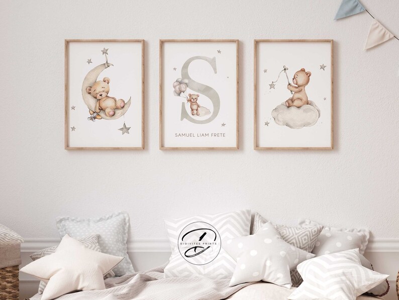 Set of 3 Personalised Teddy Bear Nursery Wall Art Prints, Neutral ...
