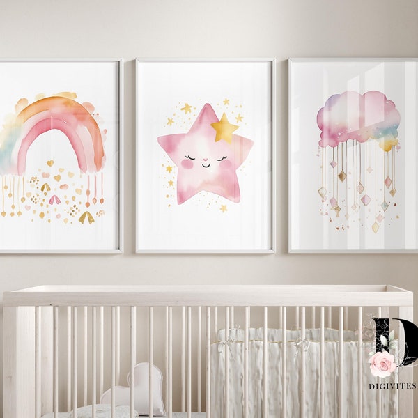 Baby Girl Nursery Wall art set of 3. Pink blush. Cloud Rainbow print. Downloadable prints. Girl Nursery room decor. Boho nursery prints