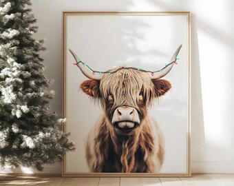 Highland Cow Christmas Print, Farmhouse Holiday Wall Art (Digital Download)