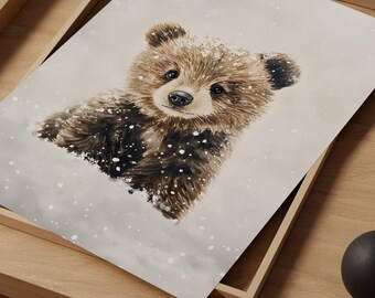Winter Bear Nursery Print, Whimsical Woodland Animal Art (Digital Download)
