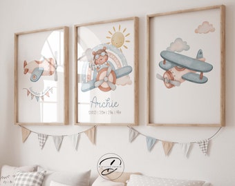Baby boy Nursery art Prints, Airplane prints, Boy Bedroom Wall art, kids wall art, nursery decor boy, Rainbow print, sun print, Personalised