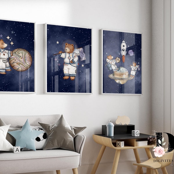 Set of 3 Nursery Wall art prints, Space Wall art, Teddy bear prints, space themed nursery decor, kids bedroom decor, Navy blue art, playroom