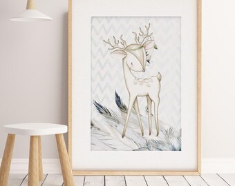 Baby, Boy nursery decor.  Boho Floral Woodland Nursery wall art. Little Boys bedroom print, Deer Wall Art, Watercolour Boho Feathers Print