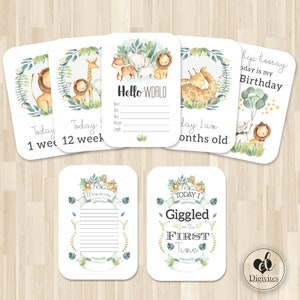 Cartes bébé étape importante | Cartes photo | Jalons | Cartes d'étape | Animaux de safari | botanique | Aquarelle | 40 cartes | Unisexe
