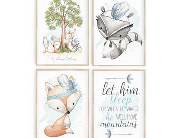 Baby Nursery Wall Art, WOODLAND Animals Wall Art, Woodland Animals Quote Nursery Decor, Baby Boy Nursery Prints, Set of four prints