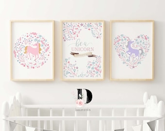 Floral Unicorn Nursery Art Prints, Girls Room Decor (Digital Download)