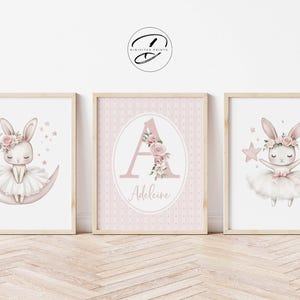 Set van 3 muurkunstprints ballerina konijn, aangepaste naam, inrichting meisje kinderkamer, gepersonaliseerd babynaambord, ballerina konijn, DIGITAAL