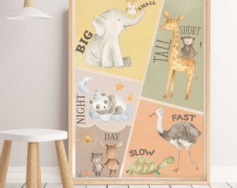 Baby, Childrens Wall Art Print. Opposites Poster, Educational Poster, Animal Wall Art print.  Education decor. Elephant, Giraffe, Panda