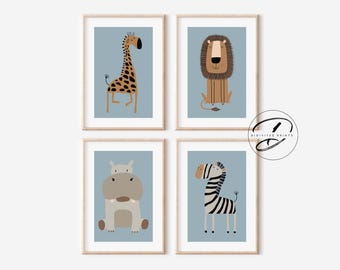 Safari Tier Aufdrucke Bild, schieferblaues Boho Dekor (3er Set) (Digitaler Download)