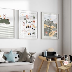 3er Set, digitale Kunstdrucke, Kunstdrucke, Art Prints für Kinder, Kinderzimmer, Gingham Tier, Cottagecore, Kinderzimmer Dekor
