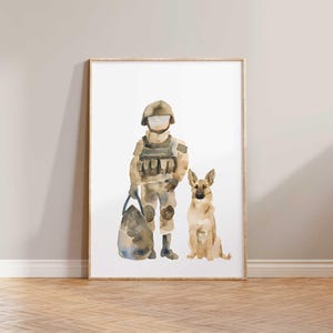 May include: Watercolour painting of a soldier in camouflage uniform holding a bag and standing next to a German Shepherd dog.